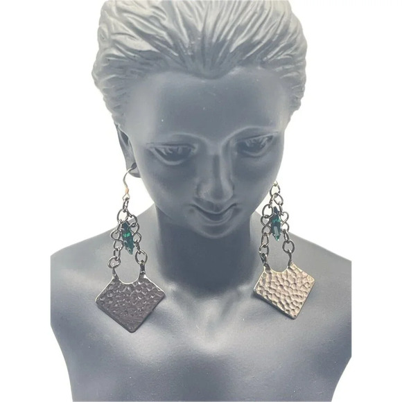 Alex and Ani Aurora Blaze Hammered Gunmetal Green Marquise Stone Drop Earrings - Picture 3 of 4